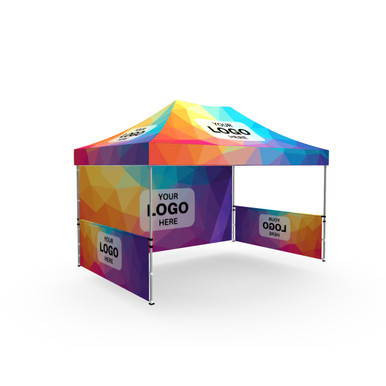 Celina Tent Fast Shade Package 15-4, colorful folding canopy tent with custom logo banners at the sides and top.