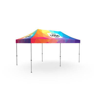 Celina Tent Fast Shade Package 20-1, colorful outdoor canopy tent with a vibrant multicolor canopy and foldable metal legs.