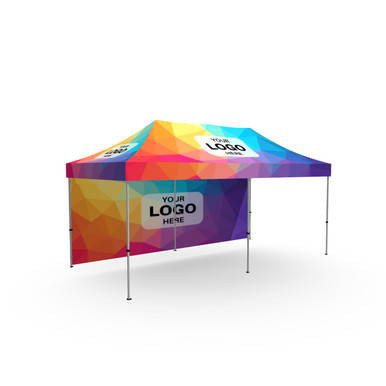Fast Shade Package 20-3, colorful outdoor event tent with a geometric pattern and a customizable logo space on the front.