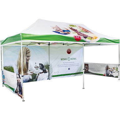 Celina Tent Fast Shade Package 20-4, portable outdoor canopy tent with green and white fabric, side panels featuring promotional graphics and images of people and pets.