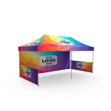 Celina Tent Fast Shade Package 20-4, colorful promotional pop-up canopy tent with a vibrant geometric design and customizable logo panels.
