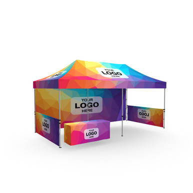 Celina Tent Fast Shade Package 20-5, colorful pop-up canopy tent with customizable logo areas, vibrant geometric design, and sturdy frame for outdoor events.
