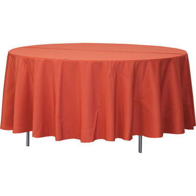 108'' Round Cafe Polyester Tablecloth, orange-colored round table cover on a table.