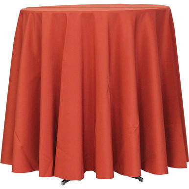 108'' Round Cafe Polyester, round table with orange fabric table cover.