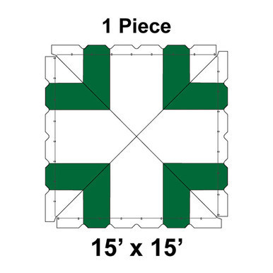 15' x 15' Classic Frame Tent, 1 Piece, 16 oz. Ratchet Top, White and Forest Green, top view of the square tent design with green corner sections and white frame.