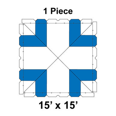 15' x 15' Classic Frame Tent, 1 Piece, 16 oz. Ratchet Top, White and Blue, architectural diagram showing the tent's frame layout and dimensions.