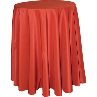 108'' Round Holiday Red Table Skirt, round red fabric table skirt draping around a table for festive holiday decoration.