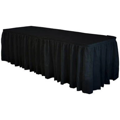 Celina Tent 21' Black Polyester Skirting, black skirt draping around the base of a large rectangular event tent.