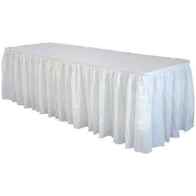 Celina Tent 21' White Polyester Skirting, white polyester skirting draped around a table for event decor.