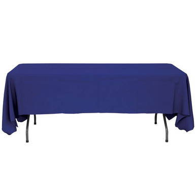 60'' x 108'' Navy Blue Tablecloth, image of a navy blue tablecloth draped over a rectangular table showing its size and color for event or party decoration.