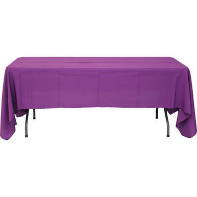60'' x 120'' Cherry Red Tablecloth, purple-colored table covering draped over a large table with black legs.