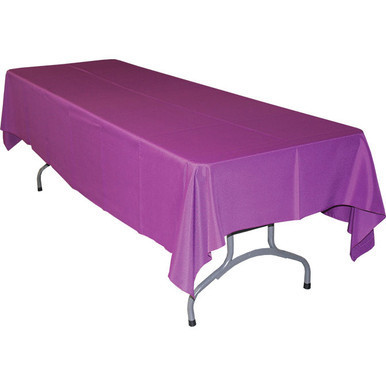 60'' x 120'' Coral Polyester Tablecloth, vibrant purple table cover draped over a rectangular table.
