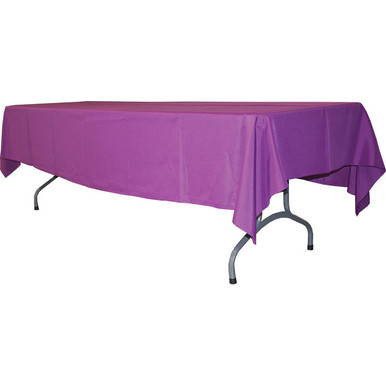 60'' x 120'' Chocolate Tablecloth, purple fabric covering a rectangular table.