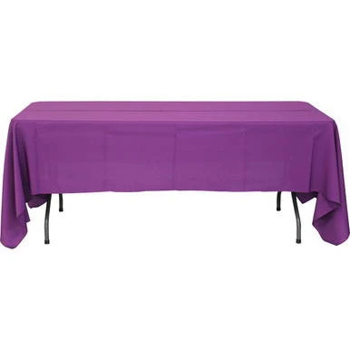 60'' x 120'' Chocolate, table covered with a purple tablecloth.