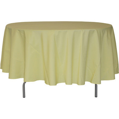 90'' Round White Polyester Tablecloth, draped over a round table with a smooth, elegant appearance.