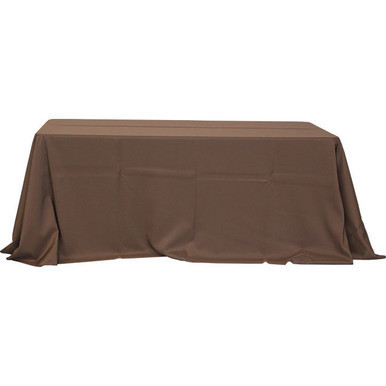 90'' x 132'' Burgundy Tablecloth, image of a long, rectangular table covered with a burgundy fabric tablecloth.