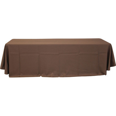 90'' x 132'' Cafe Polyester Tablecloth, brown fabric covering a large rectangular table for commercial or event use.