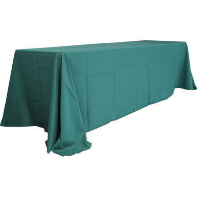 90'' x 156'' Sage Green Tablecloth, a long rectangular table covered with a solid sage green fabric tablecloth extending to the floor on all sides.