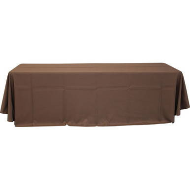90'' x 132'' Cherry Red Tablecloth, rectangular brown fabric tablecloth covering a long rectangular table.