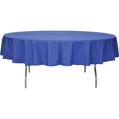 96'' Round Peach Polyester Table Cover, blue fitted tablecloth draping over a round table with metal legs.