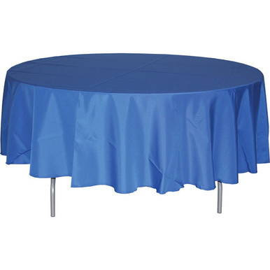 96'' Round White Polyester, round table with white polyester tablecloth covering it.