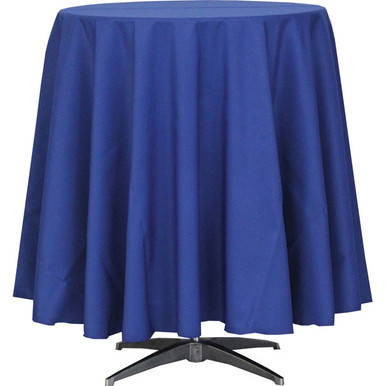 96'' Round White Polyester Table Cover, styled on a round table with a smooth, wrinkle-free finish.
