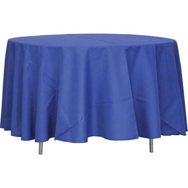96'' Round Chocolate Tablecloth, blue fabric covering a round table for events and parties.