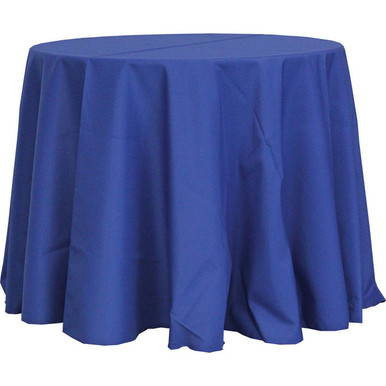 96'' Round Ivory Polyester Tablecloth, draped over a round table.