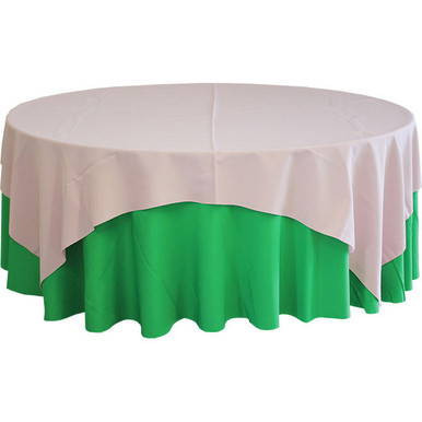 90'' X 90'' Black Polyester, round tablecloth with a white top and green decorative trim.