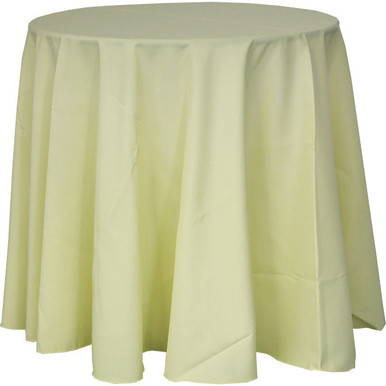 90'' Round Light Pink Tablecloth, soft fabric covering a round table for events or celebrations.