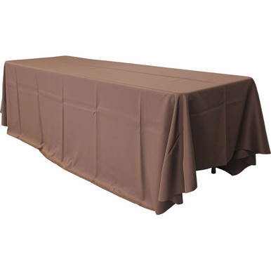 90'' x 132'' Peach Polyester Tablecloth, smooth and wrinkle-resistant fabric draped over a large rectangular table.