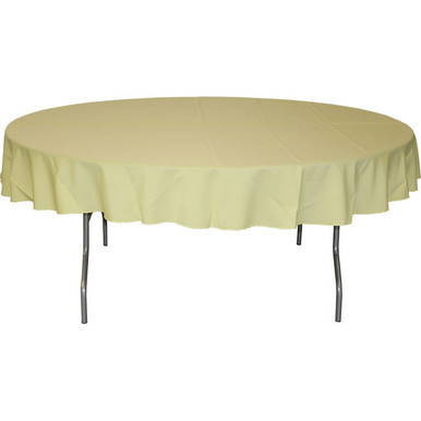 90'' Round Ivory Polyester Tablecloth, a round table covered with an elegant ivory-colored polyester tablecloth with a ruffled edge.