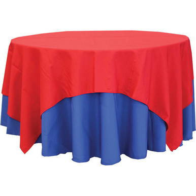 72'' X 72'' White Polyester, round table draped with red and blue tablecloths.