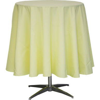 90'' Round Burnt Orange Tablecloth, yellowish-orange fabric draped over round table with adjustable black metal base.
