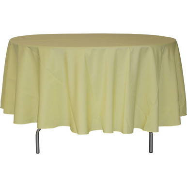 90'' Round Cafe Polyester Tablecloth, beige color draped over a round table.