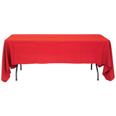 72'' x 120'' Periwinkle tablecloth, red fabric covering a rectangular table with black metal legs.