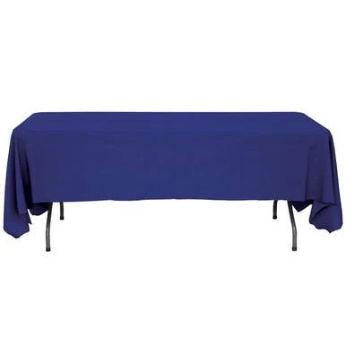 60'' x 108'' Burgundy Tablecloth, draped over a table with metal legs, solid burgundy color perfect for events and banquet settings.