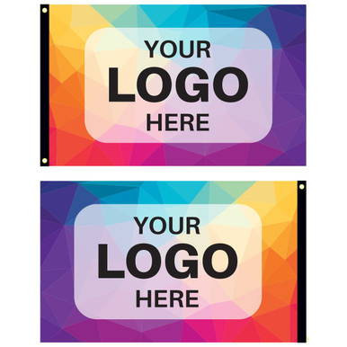 2.5' x 4' Rect Flag, Two Sided, with customizable logo space on colorful geometric background.