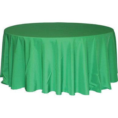 120" Round Polyester Tablecloth, green fabric with pleated sides covering a round table.