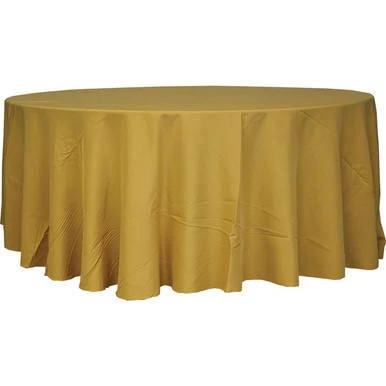 132" Round Polyester Tablecloth, yellow fabric draped over a round table for elegant event decoration.