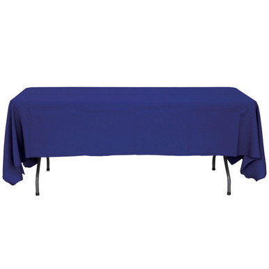 60 x 108 inches Polyester Tablecloth, navy blue fabric draped over a rectangular table.