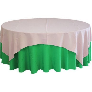 90 x 90 Polyester Tablecloth, white with green underneath for event or banquet decoration.