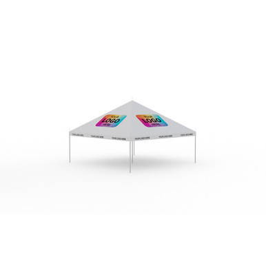 Celina Tent 15' x 15' Classic Series Pole Tent Logo Print, Complete, white canopy tent with colorful logo print on the top.