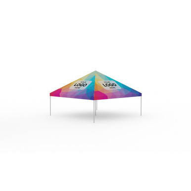 Celina Tent 15' x 15' Classic Series Pole Tent Full Digital Print, complete with colorful digital printed canopy featuring logo space, supported by metal poles.