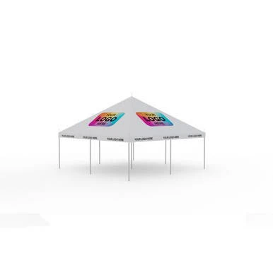 Celina Tent 20' x 20' Classic Series Pole Tent Logo Print, Complete, in white with colorful logo print on the top.