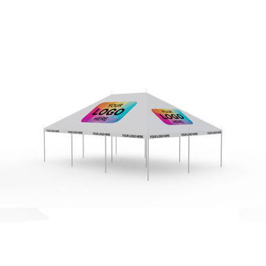 Celina Tent 20' x 30' Classic Series Pole Tent Logo Print, Complete, large outdoor event tent with white canopy featuring colorful logo prints on two sides.