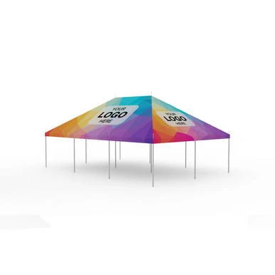 Celina Tent 20' x 30' Classic Series Pole Tent Full Digital Print, a colorful outdoor event tent with vibrant digital print design and metal poles for setup.