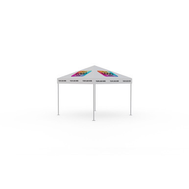 Celina Tent 10' x 10' Classic Series Frame Tent Logo Print, complete with white canopy and branded logo graphics, supported by metal frame legs for outdoor events and trade shows.