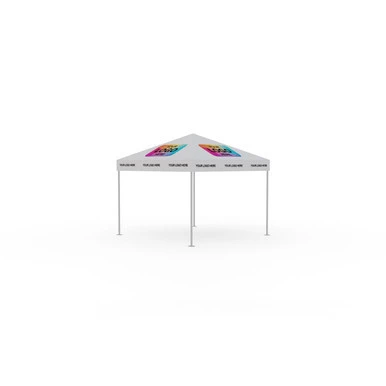 Celina Tent 10' x 10' Classic Series Frame Tent Logo Print, complete with white canopy and colorful logo prints on top, supported by a sturdy frame structure.