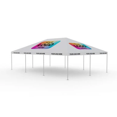 Celina Tent 20' x 30' Classic Series Frame Tent Logo Print, Complete, a large outdoor event tent with a custom logo on the canopy and sturdy metal frame supports.